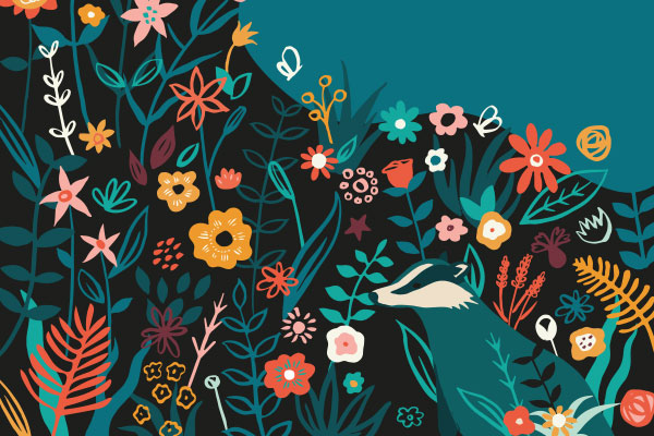 An illustration of a badger amongst a flower bed at midnight