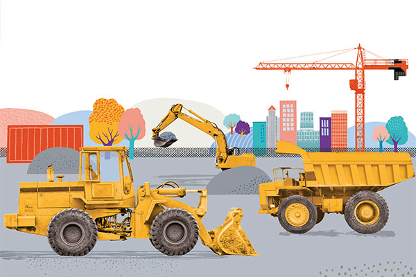 Illustration of diggers, dumper trucks and backhoes on a construction site