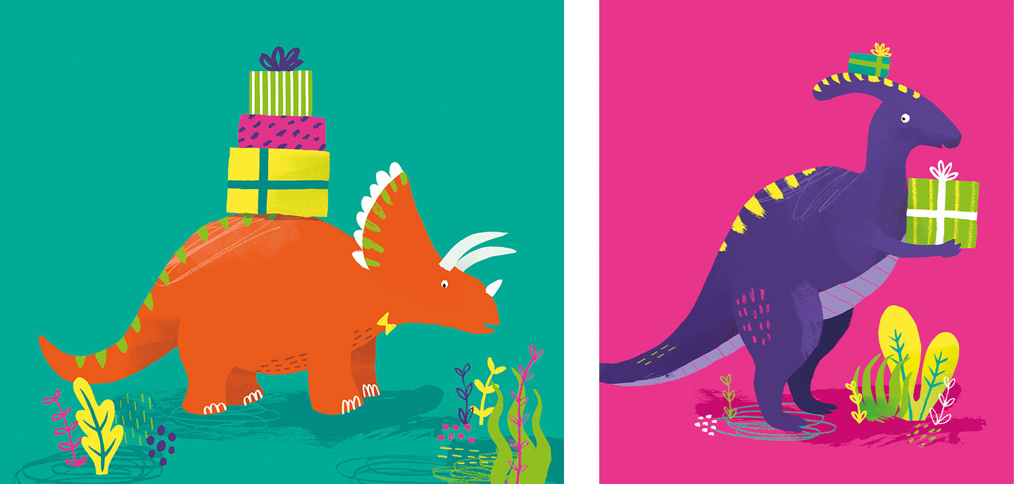 Illustrations of dinosaurs going to a party