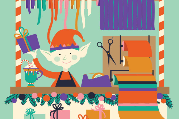 An illustration of an Elf at the christmas wrapping station