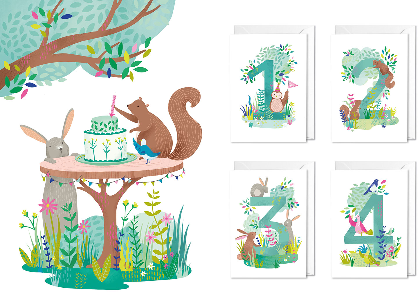 Illustrations of forest animals and greetings card designs