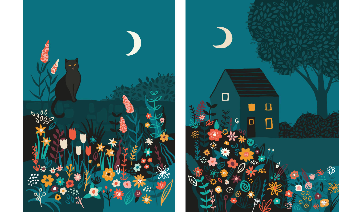 Illustrations from the Midnight Garden greetings card range