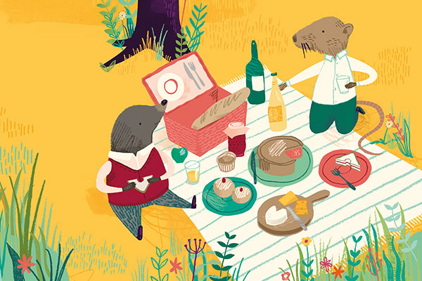 Illustration of Ratty and Mole taking a picnic by the riverbank