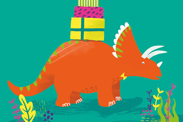 An illustration of a triceratops carrying birthday presents