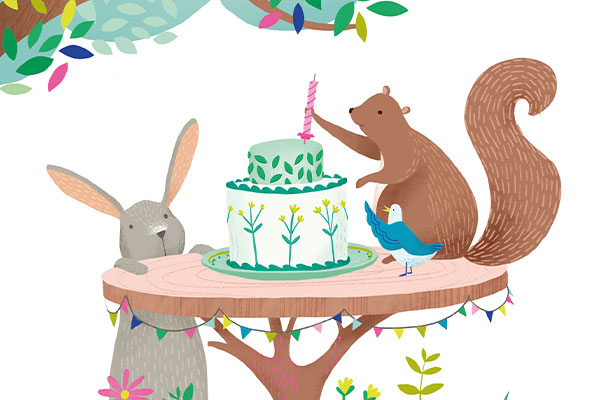 A rabbit, a squirrel and a bird get ready for a birthday party